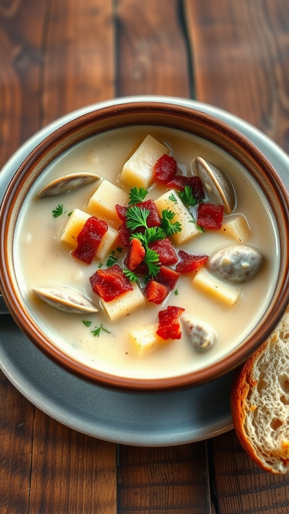 A delicious bowl of clam chowder topped with bacon and parsley, with a slice of bread on a wooden table.